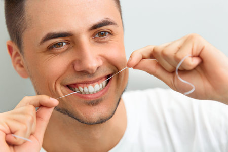 Closeup of young man flossing his teeth. Cleaning teeth with dental flossの写真素材