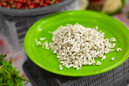 Organic Food. Close Up Of Organic Fresh Germinated Peanut Sprouts In Farmers Market In Thailand, Asia. Healthy Food Ingridient. Nutrition And Vitamins.の写真素材