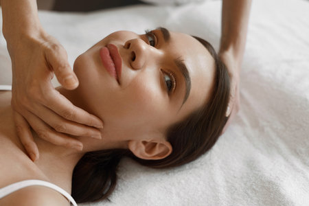 Spa Massage. Closeup Of Beautiful Healthy Woman Getting Face Massage At Salon. Female Enjoying...