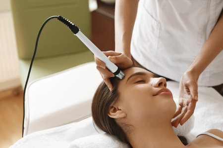 Face Skin Care. Closeup Of Beautiful Woman Getting Oxygen Jet Peeling, Microdermabrasion Treatment...