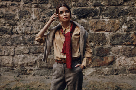 Fashionable Woman In Fashion Clothing. Beautiful Sexy Girl In Elegant Stylish Fall Clothes: Shirt, Scarf, Pants, Pullover, Leather Bag Posing Near Rock Wall Outdoors In Street In Autumn Or Springの写真素材