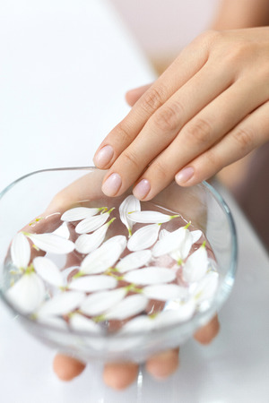 Spa Manicure. Closeup Of Woman Hands Holding Aroma Bath With White Flower Petals. Woman Soaking Natural Nails In Transparent Bowl Of Aromatic Water. Finger Nail Care. High Resolutionの写真素材