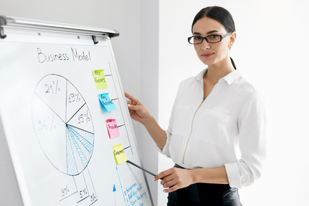 Business Presentation. Woman Making Presentation On Board. Portrait Of Beautiful Smiling Female Worker In White Shirt Presenting Graphics On Flip Chart Working In Office. High Resolution.の写真素材