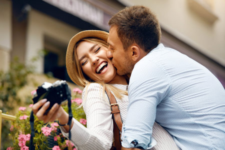 Beautiful Smiling Couple Having Fun Traveling, Taking Photos On Camera Outdoors On Street. Portrait...