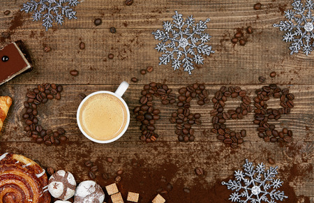 Coffee Word And Beans With Cup Of Coffee. Flat Lay Close Up Of Mug Of Hot Aromatic Beverage, Sweets And Word Making Of Beans On Wooden Table. Top View. High Quality Image.の写真素材