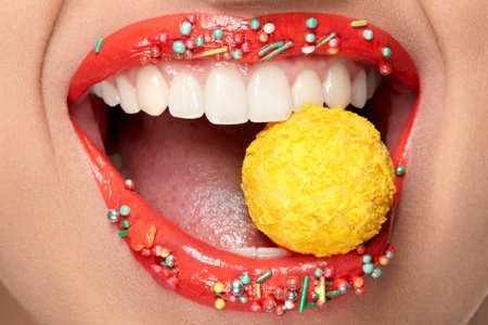 Lips Makeup. Lips With Colored Lipstick And Sweets. Close Up Of Smiling Female Mouth With Bright...