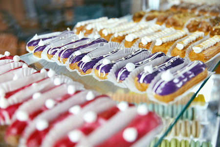 Pastry. Close Up Of Sweet Eclaires Lying In Shop Window. High Resolution.