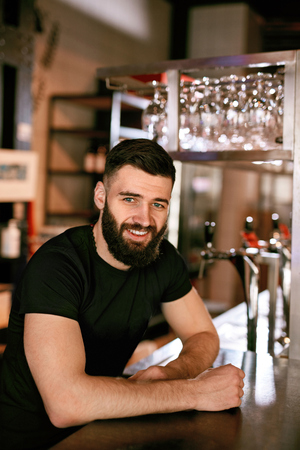 Bartender In Beer Pub. Portrait Of Young Man Standing At Bar Counter. High Resolution.の写真素材