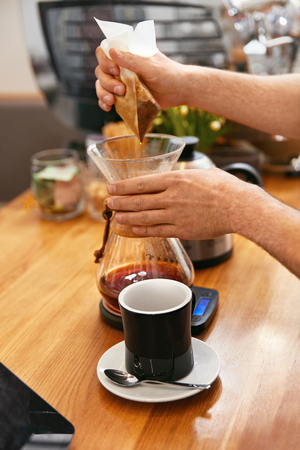 Preparing Fresh Coffee With Filters In Cafe. High Resolution.の写真素材
