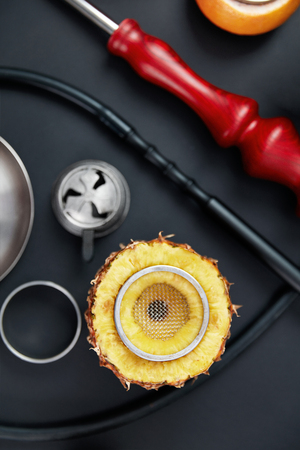 Shisha Hookah Details With Fruit Bowl On Black Background.の写真素材