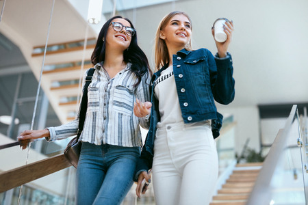 Girls Friends In College On Stairs. Happy Smiling Students Going To Class. High Resolutionの写真素材
