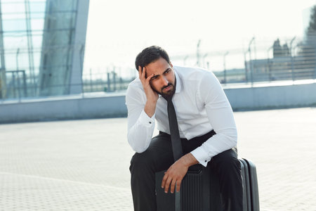 Business Man Missed Plane. Upset Man With Suitcase Is Late For Flight At Airport. High Resolution