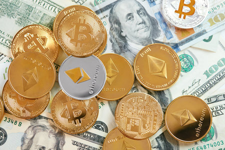 Currency. Digital Money Coins On Cash. Bitcoin And Ethereum Coins On Dollar Bills And Banknotes....
