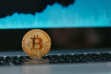 Virtual Currency. Bitcoin Cryptocurrency Coin Close Up On Computer Keyboard. High Resolution
