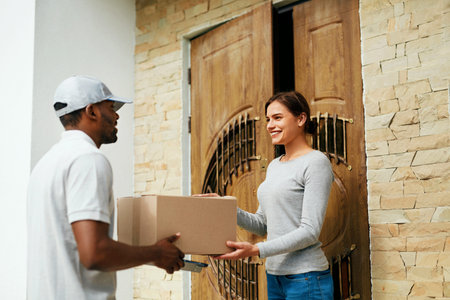 Home Delivery. Courier Delivering Package To Client