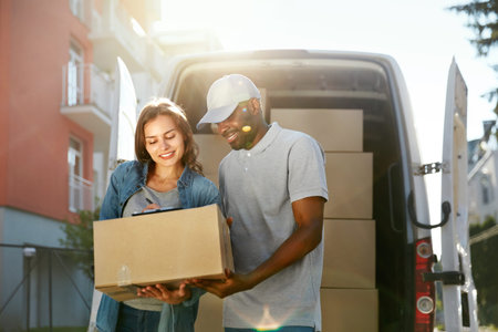 Delivery Service. Courier Delivering Package To Woman Near Car