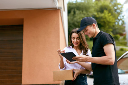 Delivery Courier. Man Delivering Package To Woman. Client Signing Delivery Documents. High...