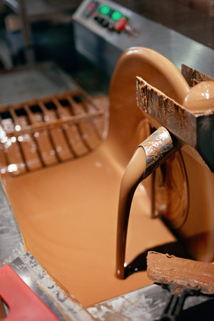 Chocolate Production At Factory. Equipment With Melted Chocolate In Workshop. High Resolutionの写真素材