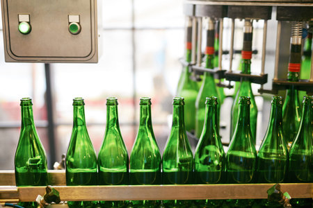 Beer Brewing Process On Brewery. Glass Bottles For Craft Beer On Conveyor. High Resolution