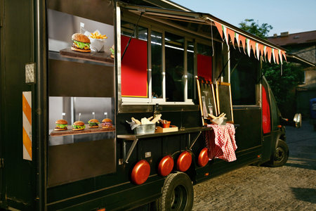 Food Truck Trailer On Street. Mobile Kitchen On Street Food Festival. High Resolution