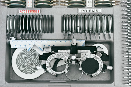 Ophthalmology Medical Equipment. Tools For Eyesight Exam Closeup, Eye Vision Diagnostic Instruments....