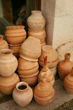 Pottery. Handmade Ceramic Clay Jugs Closeup, Heap Of Jars. High Resolutionのeditorial素材
