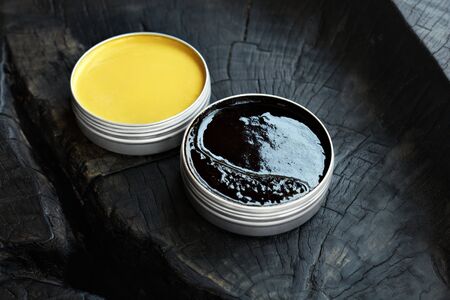 Cream Jar. Skincare Product On Wooden Background. Natural Cosmetics Beauty Spa Treatment Mask for Healthy Skin Concept.の写真素材