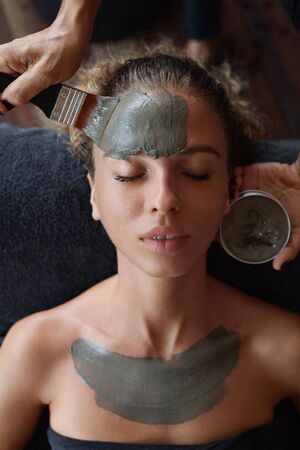 Spa Face Mask. Beauty Treatment For Skin Care. Beautician Applying Mud On Female Face. Relaxed Model On Natural Cosmetic Procedure.の写真素材