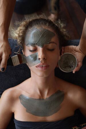 Spa Face Mask. Beauty Treatment For Skin Care. Beautician Applying Mud On Female Face. Relaxed Model On Natural Cosmetic Procedure.の写真素材