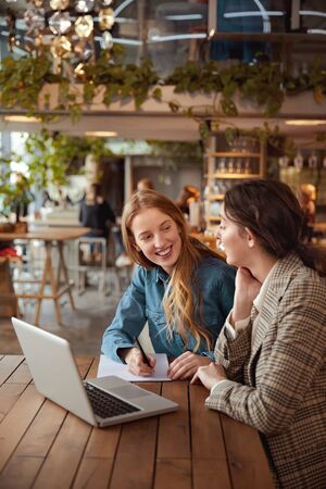 Girls. Students Studying With Laptop. Beautiful Young Women Having Discussion. Smiling Blonde And Brunette Looking At Each Other And Writing Something.の写真素材