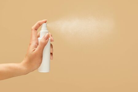 Hygiene. Hand Spraying Antiseptic To Stop Spreading Of Coronavirus. Using Sanitizer For Virus Prevention And Staying Healthy.の写真素材