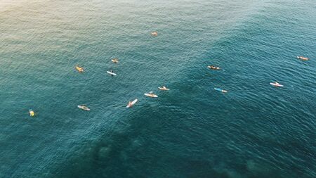 Top View. Surfing On Beautiful Turquoise Ocean Background. Water Sport For Active Lifestyle At Sea With Waves.の写真素材