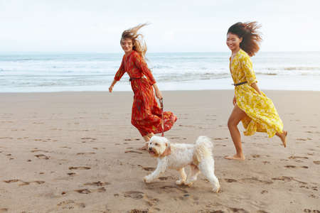 Summer. Girls With Dog On Beach. Fashion Women In Boho Dresses Running Barefoot With Pet On Dog-Friendly Resort. Happy Models In Trendy Outfit On Vacation At Tropical Ocean.の写真素材