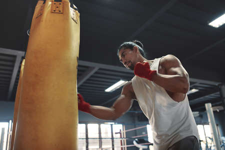 Man On Boxing Workout. Portrait Of Sportsman Training With Punching Bag. Sexy Muscular Guy Using Wrist Bandage For Fighting At Gym.の写真素材