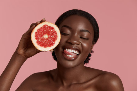 Portrait close up of beautiful african girl hold slice of grapefruit. Smiling young woman sticking out tongue. Concept of skincare. Isolated on pink background. Studio shootの写真素材