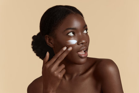Portrait close up of beautiful black girl apply cosmetic cream on face. Surprised young woman with perfect skin. Concept of face skin care. Isolated on beige background. Studio shootの写真素材