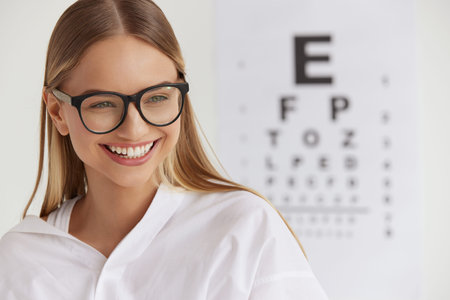 Optometry And Vision. Smiling Girl At Ophthalmologist Office