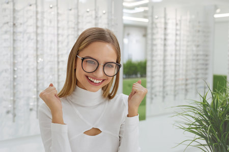 Women Fashion Glasses. Happy Female In Black Optical Frame, Eyewear