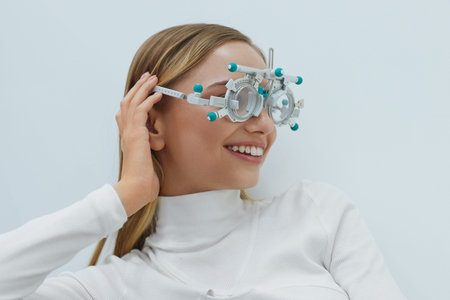Eyesight Test. Woman In Optometrist Trial Frame At Studioの写真素材