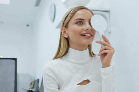 Eye Exam. Woman Doing Eye Test in Clinic