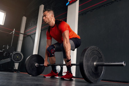 Athletic Man Making Weightlifting or Powerlifting, Working on Arms and Chest Muscles