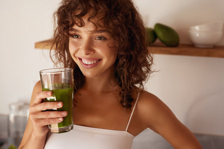Happy Smiling Girl With Glass Of Healthy Fresh Raw Vegetable Smoothie At Homeの写真素材