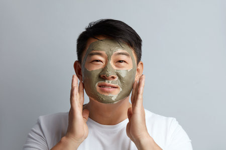 Asian Man Face Mask. Closeup Of Healthy Handsome Male Applying Green Clay Maskの写真素材