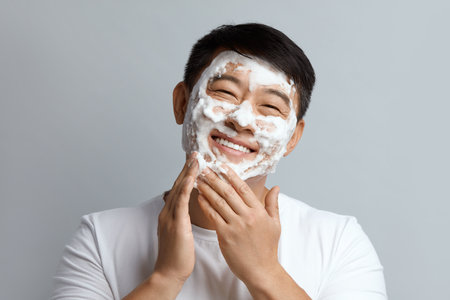 Face Treatment. Asian Model Cleaning Face With White Foam During Spaの写真素材