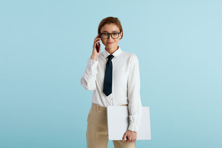 Smiling Businesswoman Talking Smartphone. Woman Smiling, Holding Laptopの写真素材