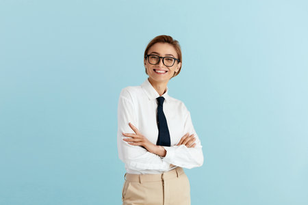 Smiling Businesswoman Posing Studio. Happy Woman Standing Crossed Handsの写真素材