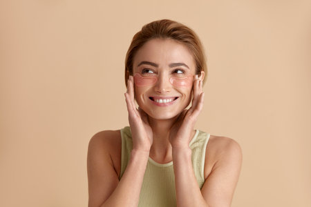 Eye Skin Beauty. Woman Posing With Collagen Hydrogel Eye Patches Under Eyesの写真素材