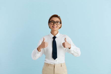 Smiling Businesswoman Showing Big Fingers Isolated. Happy Girl Looking at Cameraの写真素材