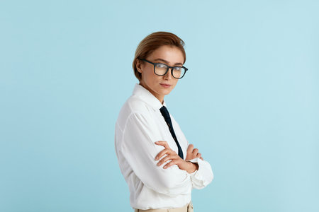 Serious Businesswoman Posing Studio. Portrait of Thoughtful Woman Standingの写真素材
