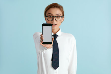 Happy Businesswoman Showing Smartphone. Caucasian Lady Recommended Appの写真素材